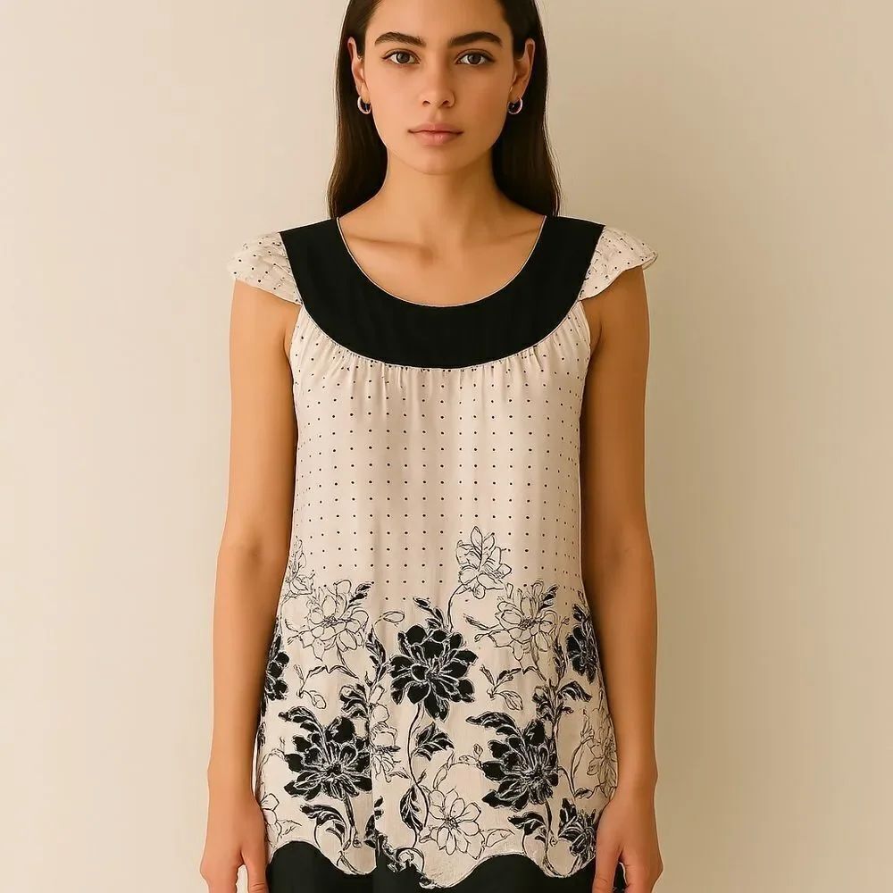 Hale Bob Cream White and Black Polka Dot Baby Doll Trapeze Dress